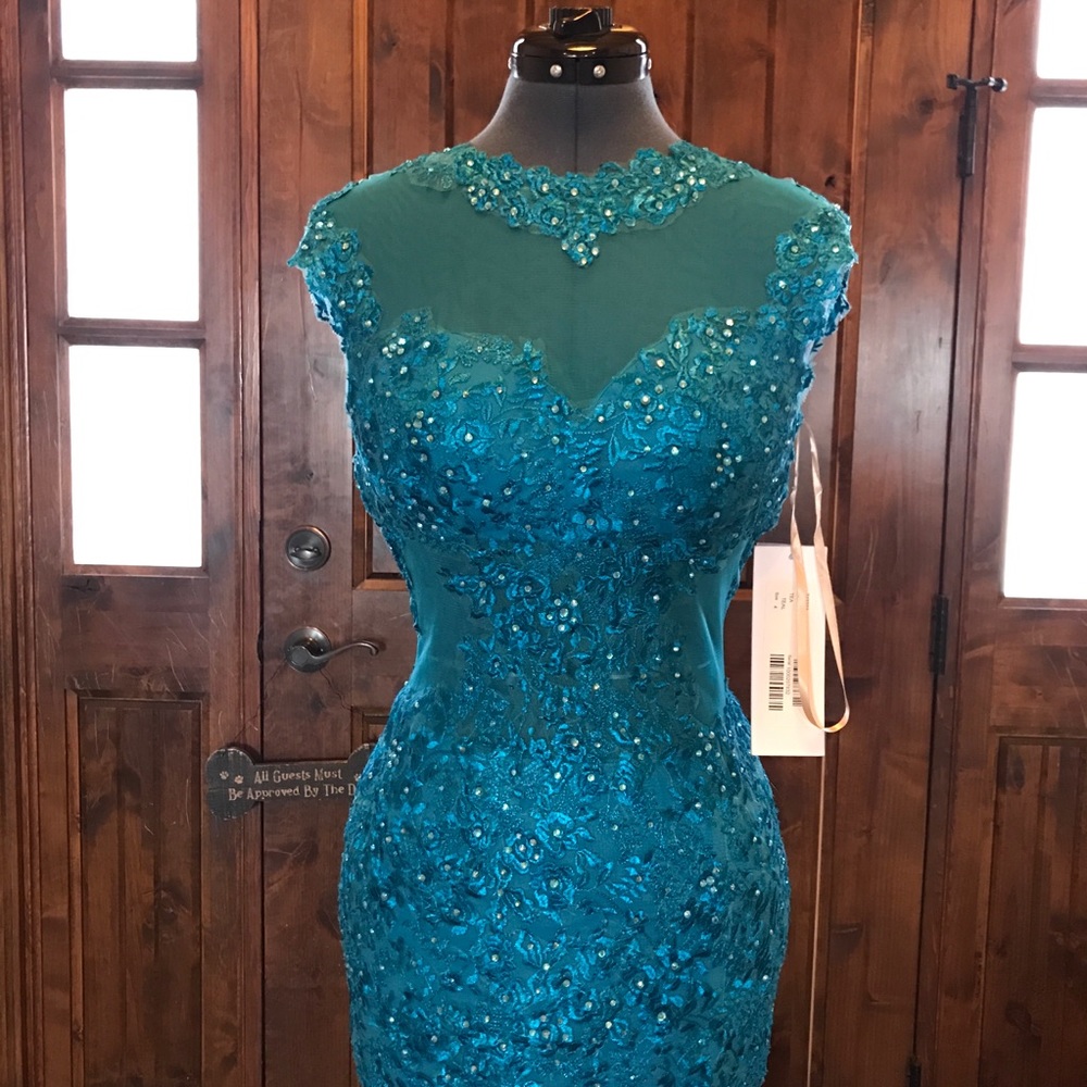 🔥JOVANI Teal Blue Jewelled Lace Prom Gown! NEW! - Picture 2 of 8